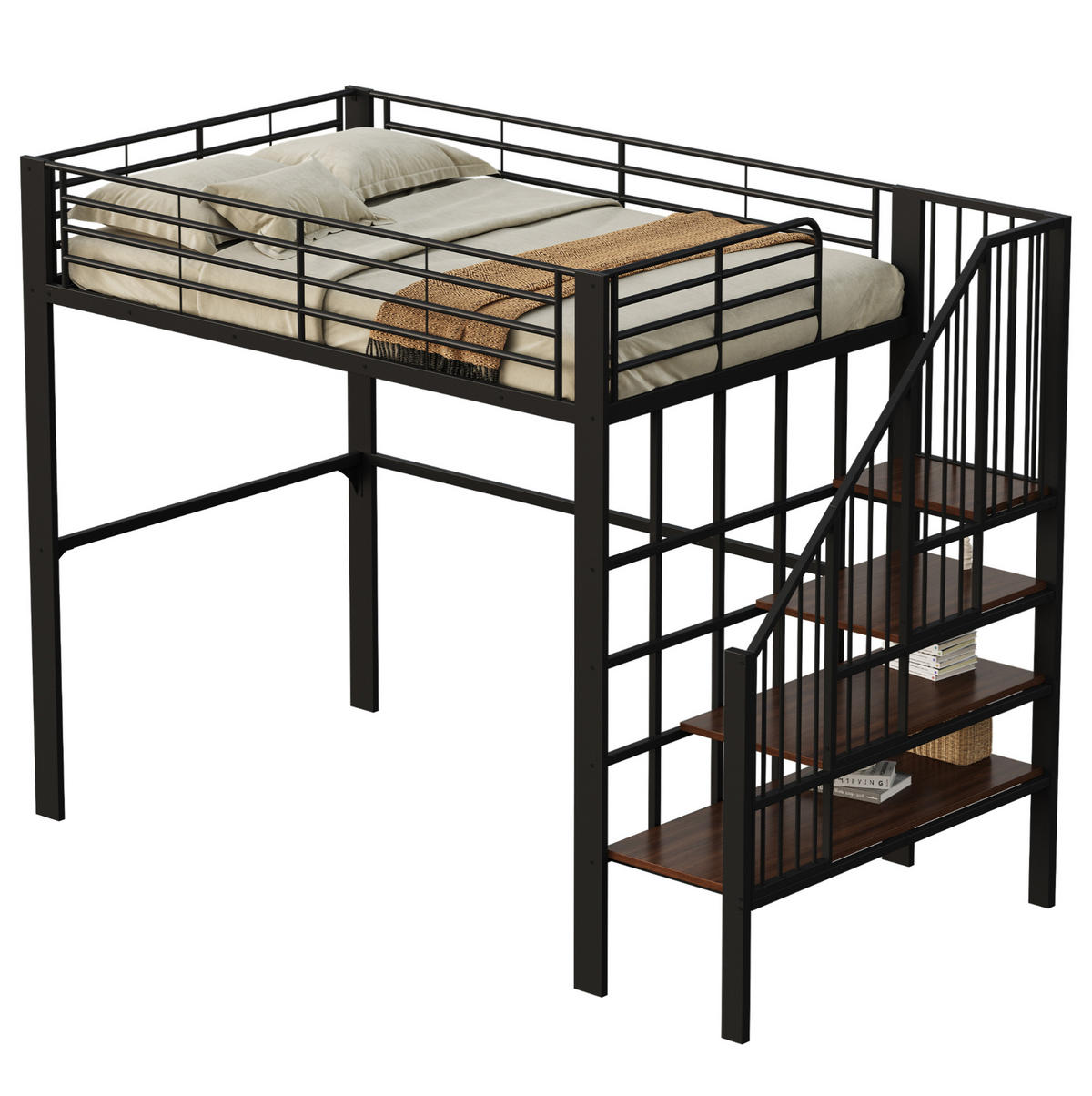 HOCHBETT 140/200 cm Schwarz mit Treppe und Stauraum aus Metall - Schwarz, Metall (140/200cm) - Flora Grace