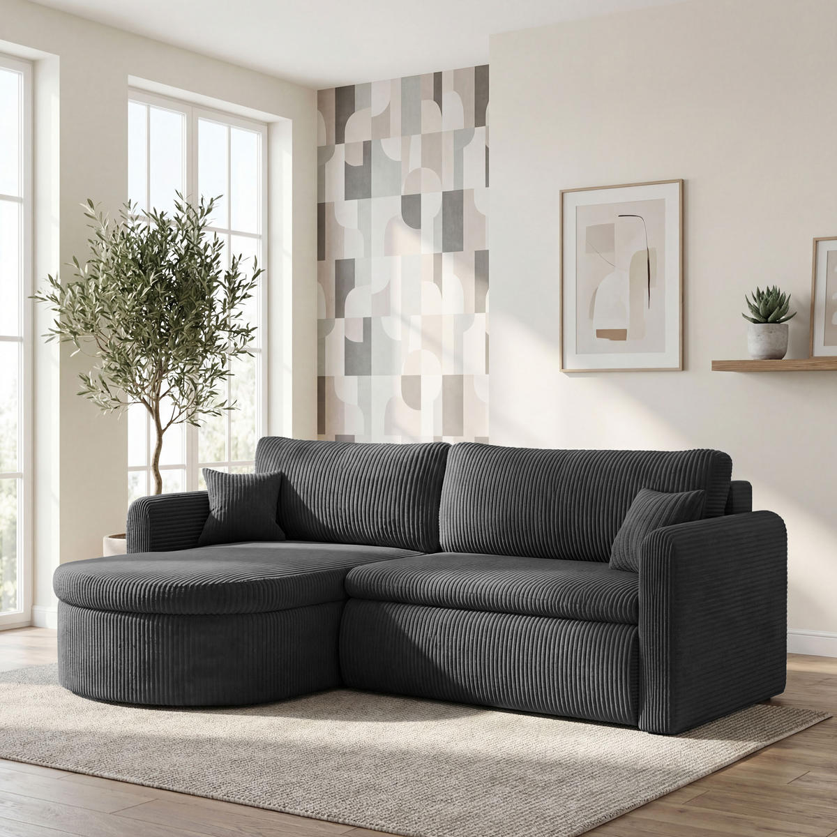 ECKSOFA Cora mit Schlaffunktion & Stauraum, Universell Rechts/Links, Grau Cord Chenille 260/82/160 cm - Schwarz/Grau, Kunststoff/Textil (250/160cm) - WFL GROUP