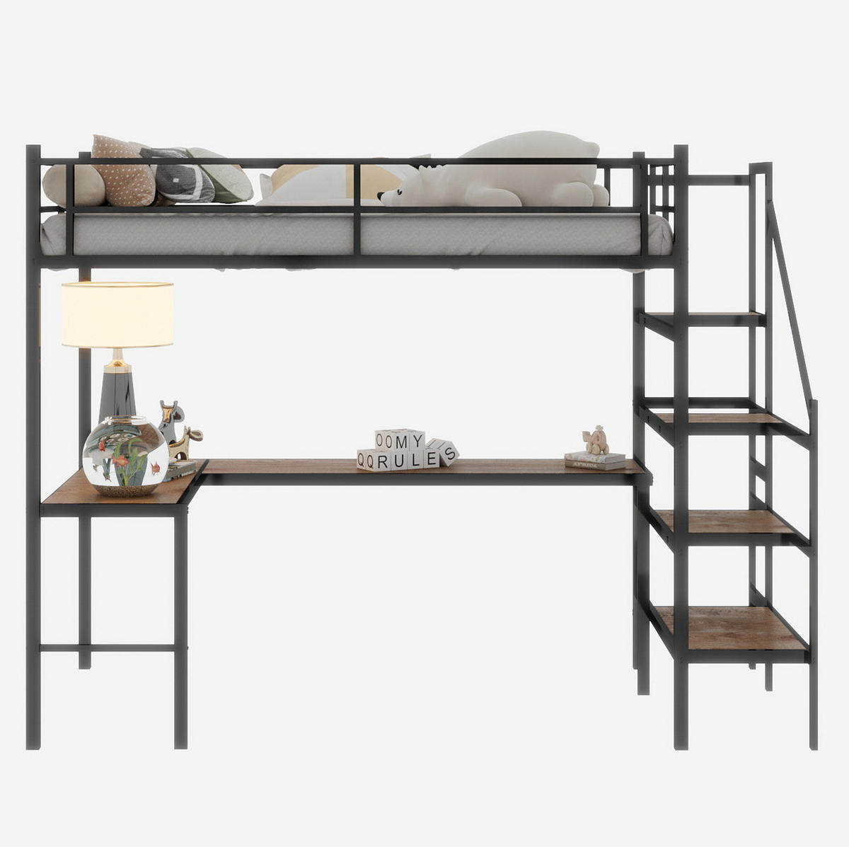 HOCHBETT 90/190 cm aus Eisen mit L-förmigem Schreibtisch und Stauraumtreppe Schwarz - Schwarz, Metall (90/190cm) - Modenvie