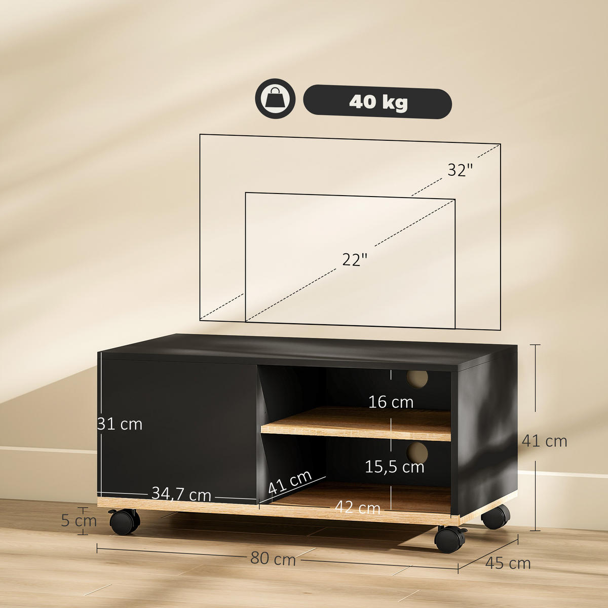 TV-BOARD Spanplatte Schwarz Eiche - Schwarz, Holzwerkstoff (45/39/80cm) - HOMCOM