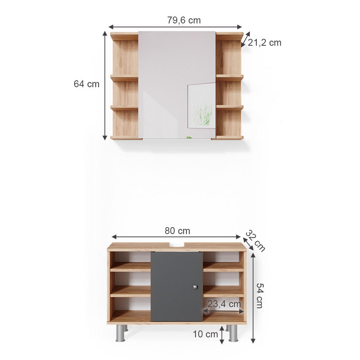 BADMÖBEL-SET Fynn Goldkraft Eiche 2 Teile, Unterschrank 80 cm - Anthrazit/Eiche Wotan, Holzwerkstoff (60/54/32cm) - Vicco