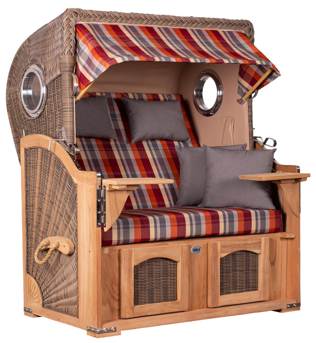 STRANDKORB Düne 2 Sitzer Teak PE Grey - Rot/Multicolor, Holz/Metall (125/170/80cm) - Mr. Deko