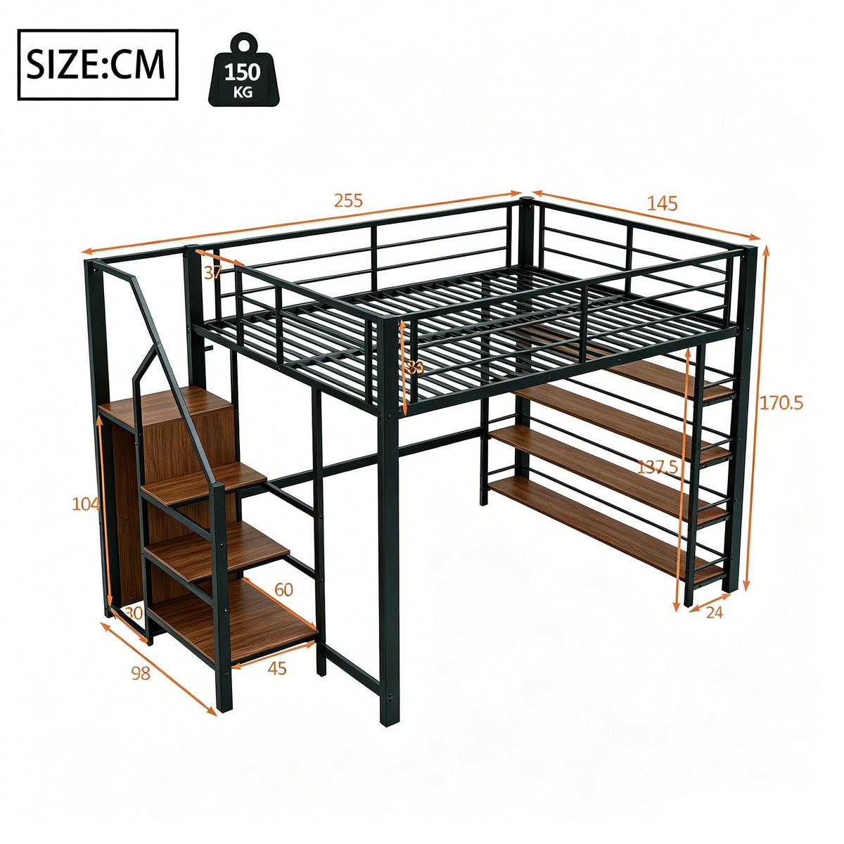 HOCHBETT mit Stauraumtreppe 140x200 cm Metall Schwarz - Schwarz, Metall (140/200cm) - Meubliv