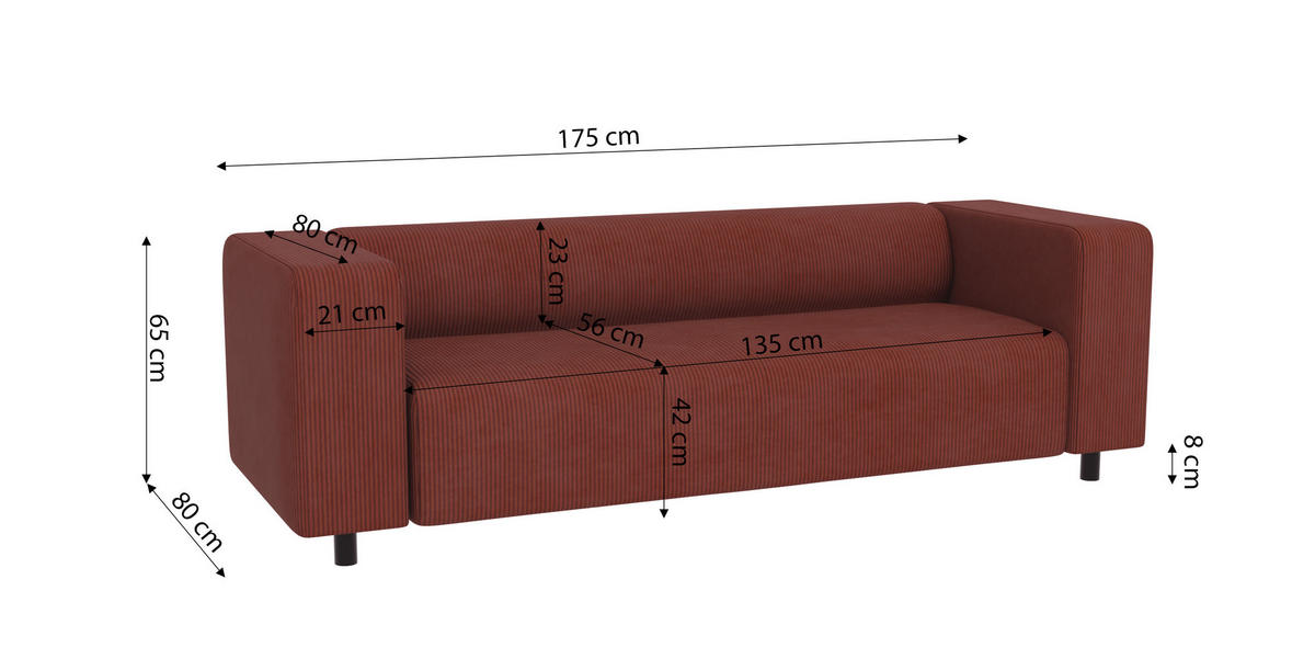 SITZGARNITUR 3+2+1 Tove Terrakotta Cord - Terra cotta/Schwarz, Holz/Kunststoff (175/65/80cm) - S-Style Möbel