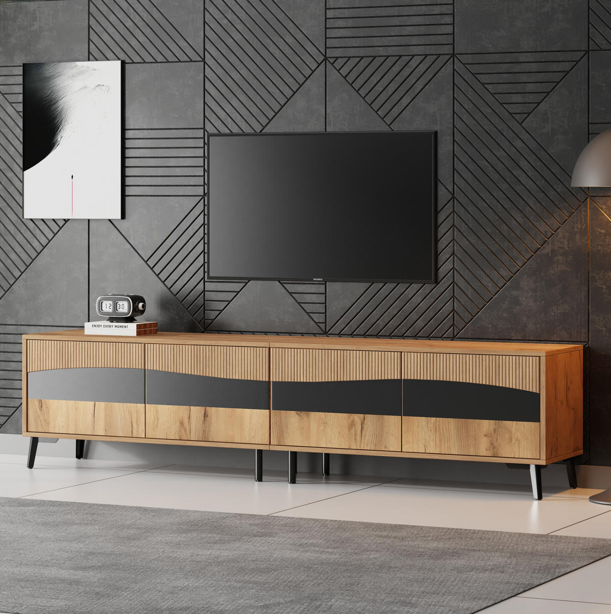 LOWBOARD 180/40/50 cm aus Spanplatte mit 4 Türen und symmetrischem Design Naturfarben/Schwarz - Naturfarben, Holzwerkstoff (180/50/40cm) - Modenvie