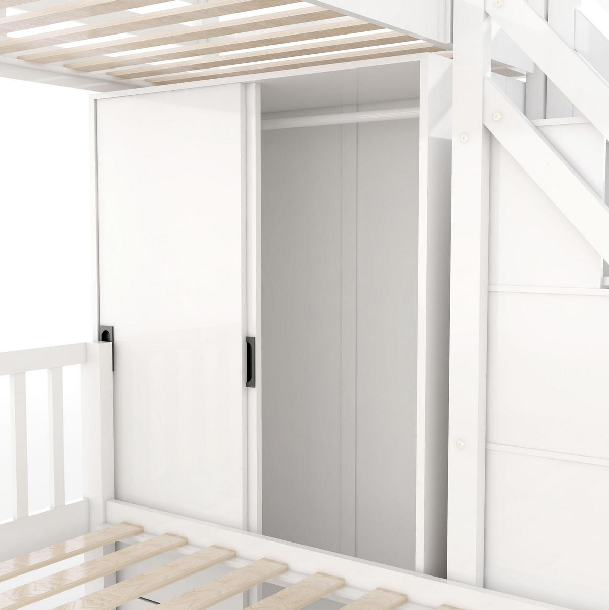ETAGENBETT 90/200 cm mit Kleiderschrank, Aufbewahrungstreppe und Lattenrost aus Massivholz und MDF, Weiß - Weiß, Holz (90/200cm) - Redom