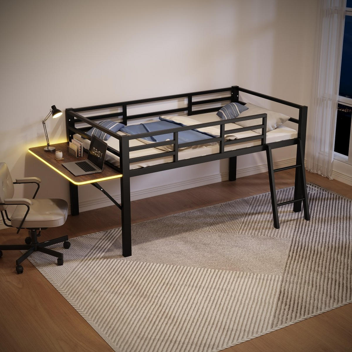 METALLBETT 90 x 200 cm in Schwarz mit LED-Lichtband - Schwarz, Metall (90/200cm) - KOMHTOM