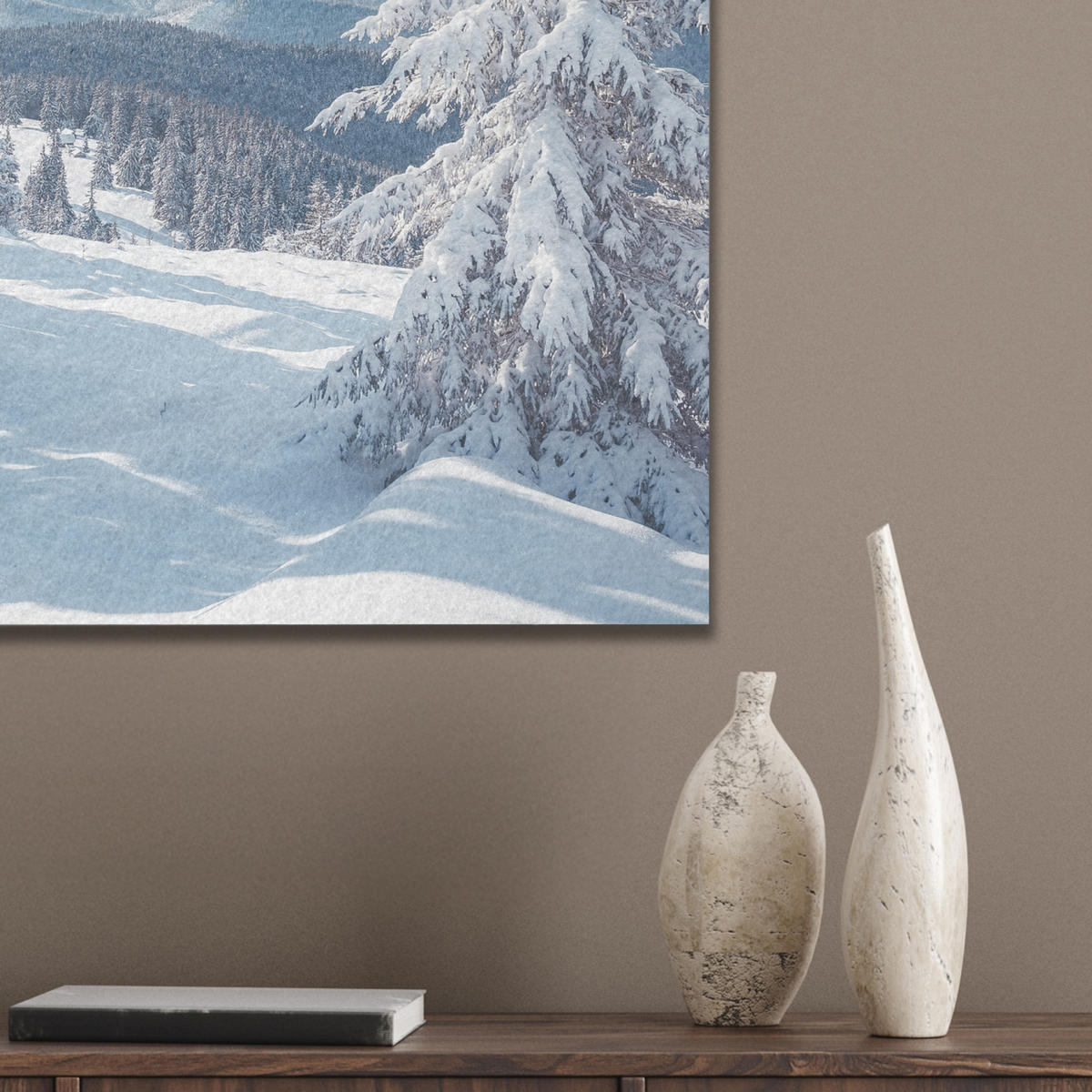 AKUSTIKBILD Winterlandschaft - Natur - Berge - Bäume - Schnee Wandbilder 60x60 cm - Hellblau, Kunststoff (60/60/0.9cm) - MuchoWow