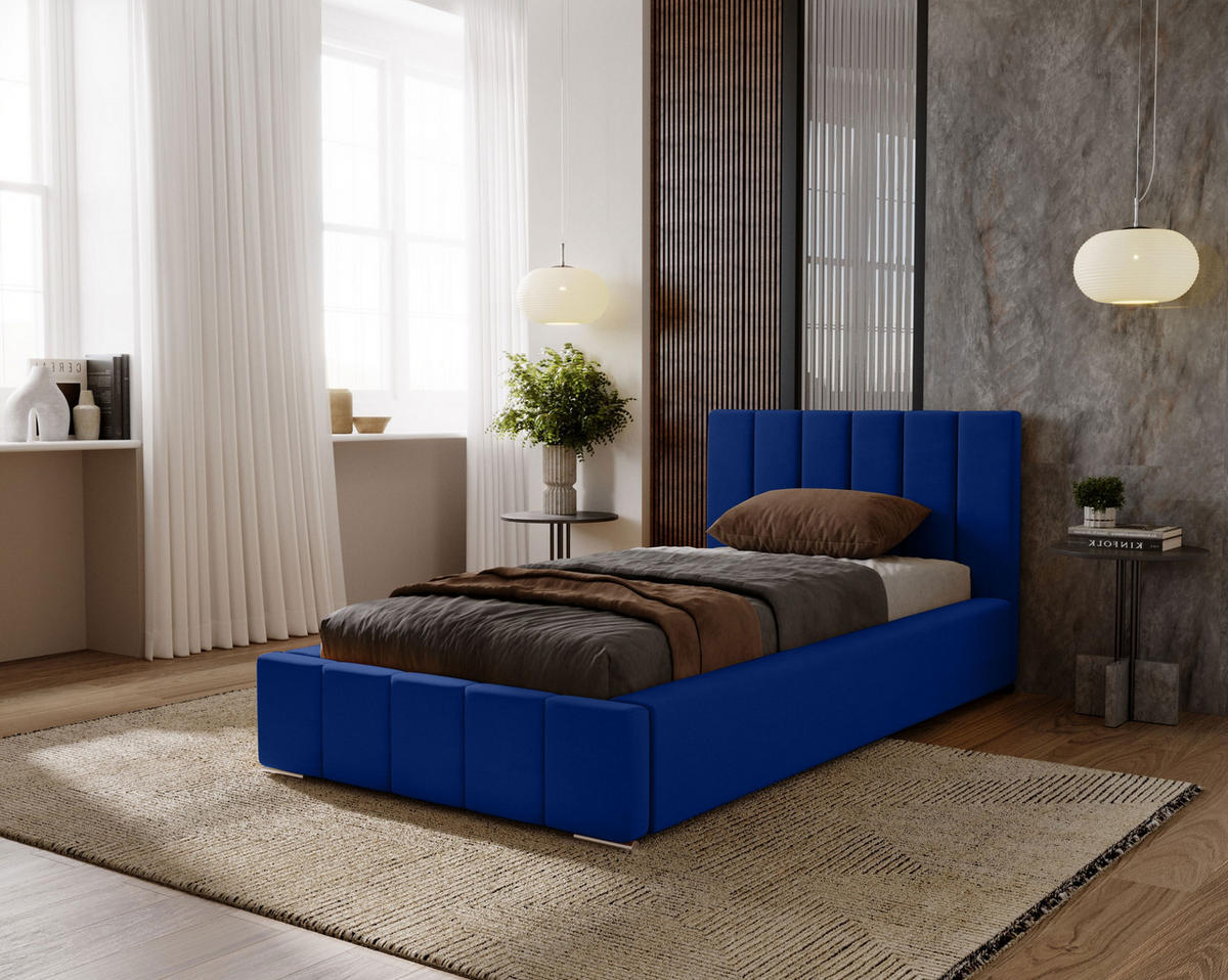 POLSTERBETT Nero 80x200 cm, Einzelbett mit Bettkasten, Lattenrost und Matratze aus Holz, Velourstoff: Dunkelblau - Dunkelblau, Holz/Kunststoff (80/200cm) - Marpur