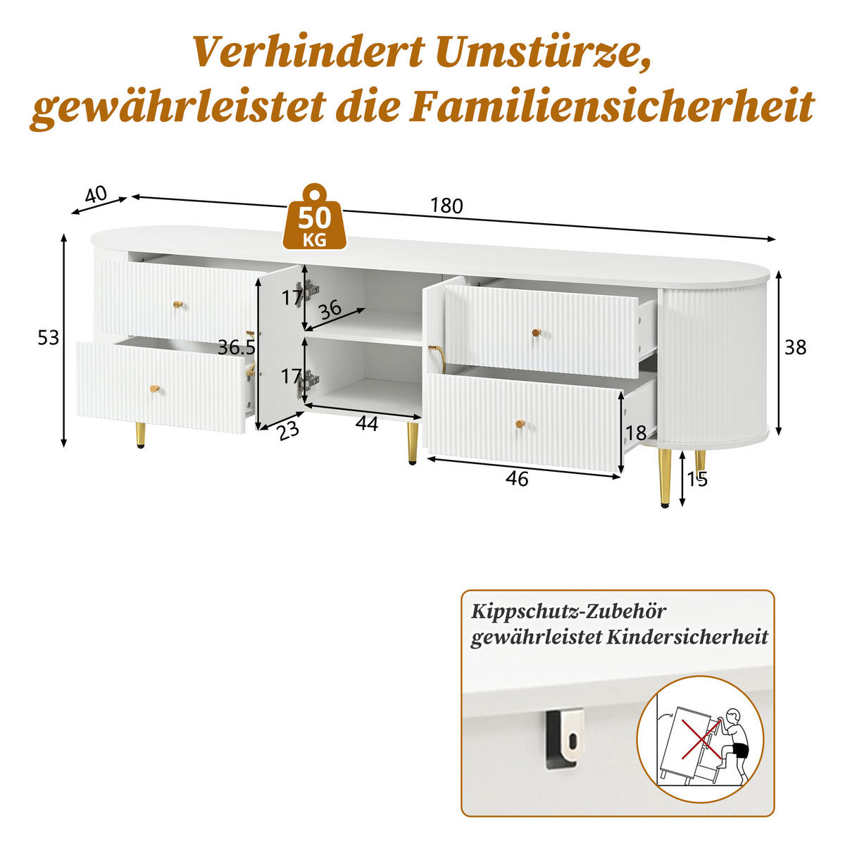 TV-RACK 180/40/53 cm Weiß mit 4 Schublade - Weiß, Holz (180/53/40cm) - Oxeza