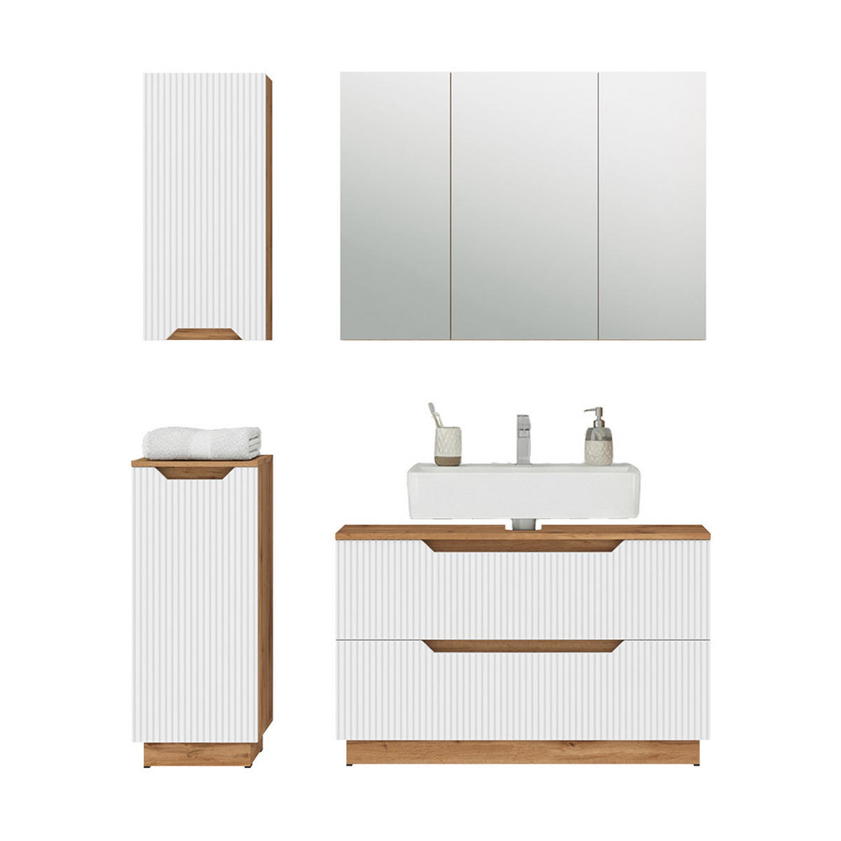 BADMÖBEL-SET Lotta Eiche/weiß gestreift 4 Teile - Eichefarben/Weiß, Holzwerkstoff (99.4/62.5/32cm) - Vicco