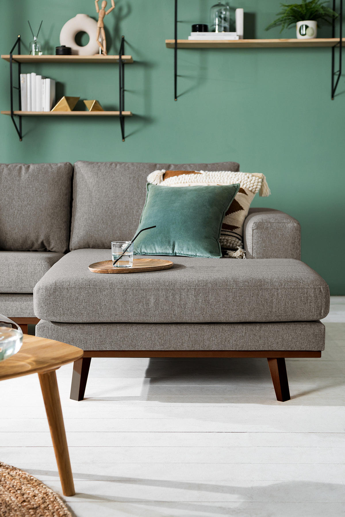 WOHNLANDSCHAFT mit Longchair - Graubraun/Buchefarben, Buchenholz/Textil (371/81/219cm) - home24