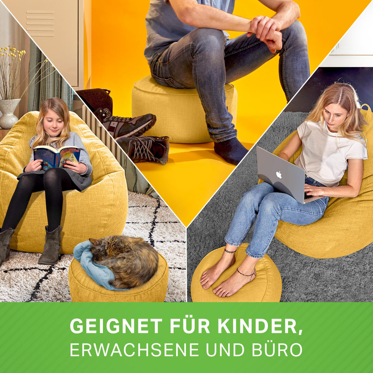 SITZSACK Indoor Set "Home Linen“+Hocker - Gelb, Textil (80/90/50cm) - Green Bean