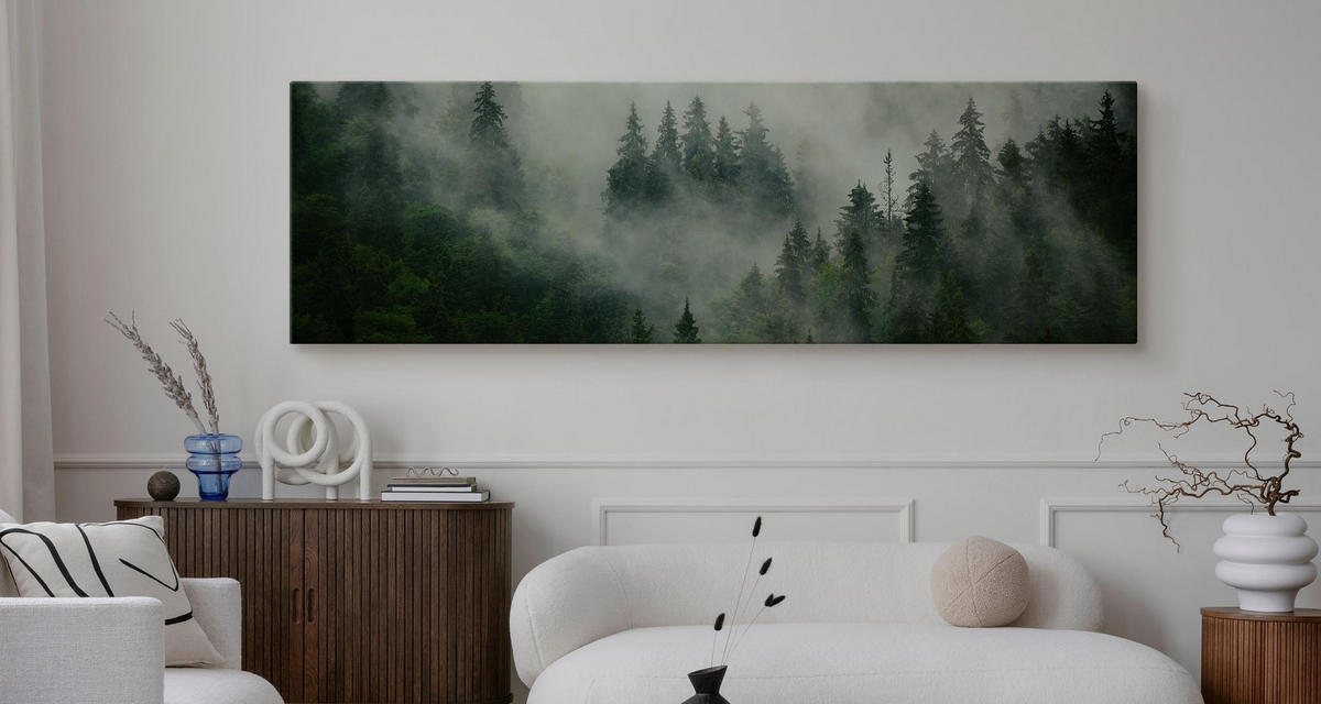 PANORAMABILD Wald im Nebel Bäume Natur 3D 145x45 cm - Grün, Textil (145/45cm) - Muralo