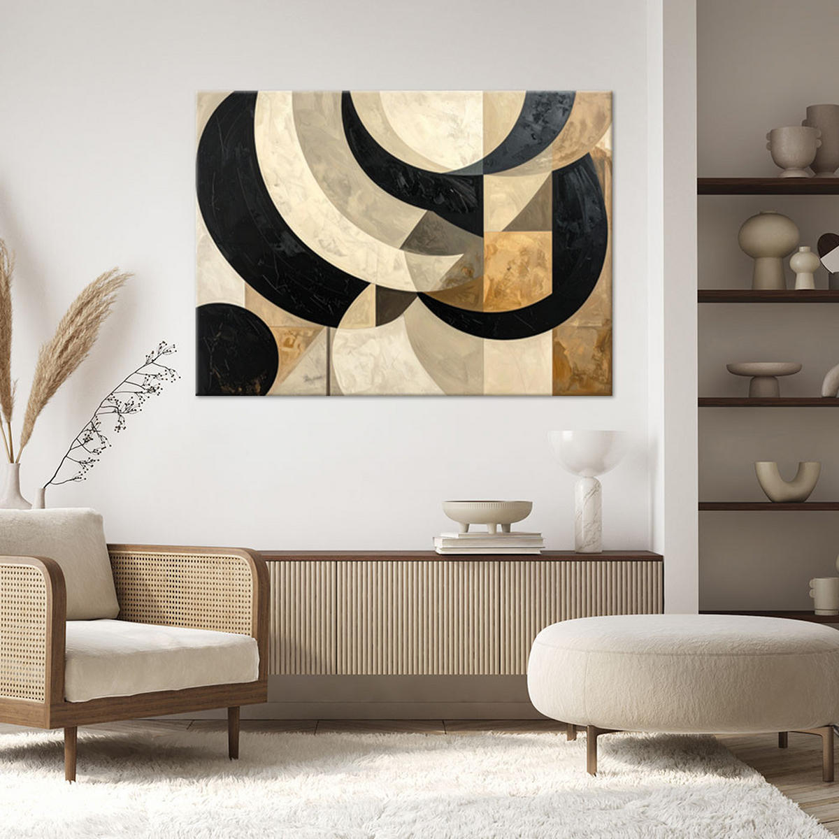 LEINWANDBILDER, Minimalistische Abstraktion mit schwarzen Bögen und Kreisen - Beige, Textil (100/70cm) - Feeby