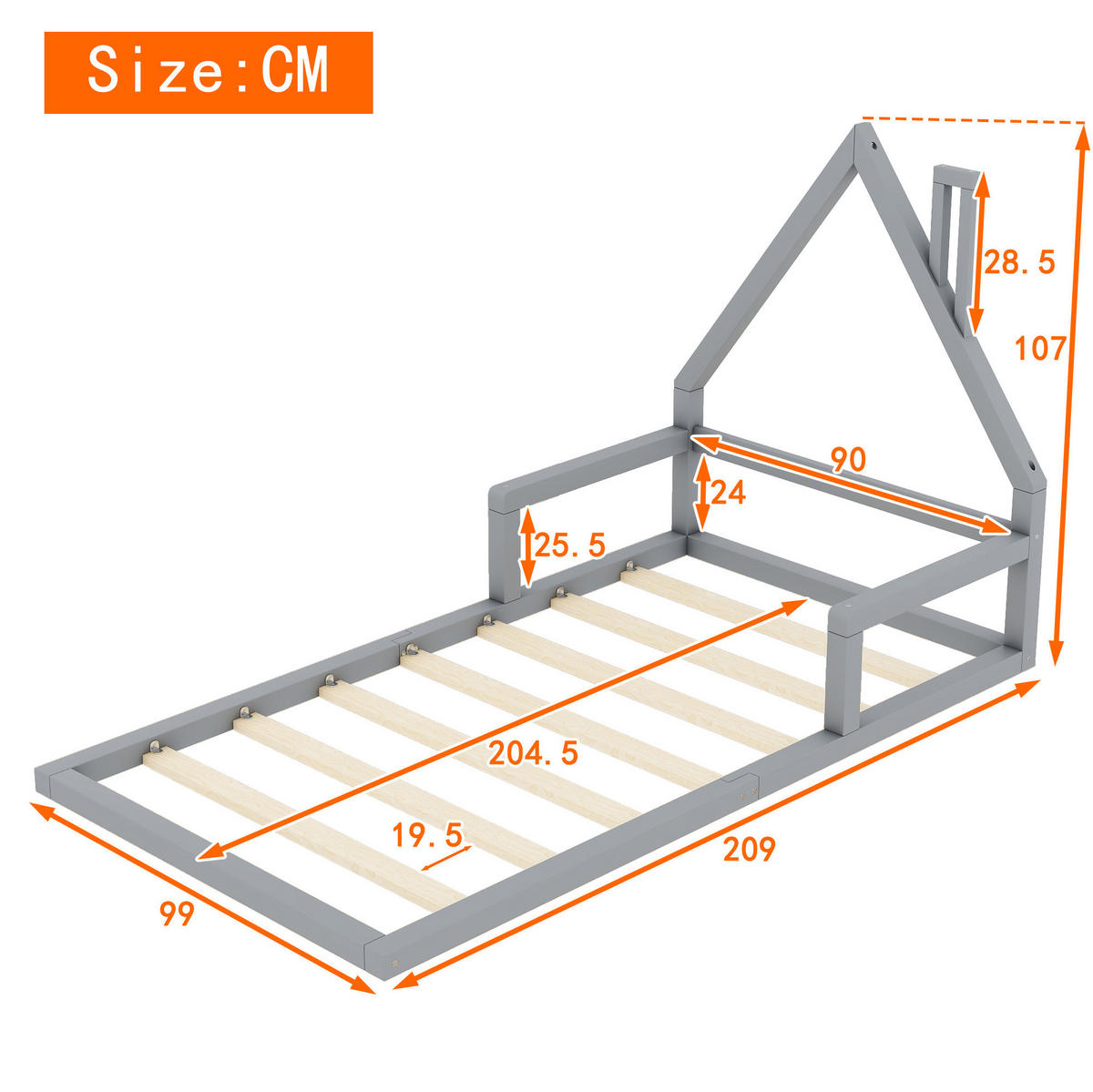 POSTELJA v obliki hiše 90/200 cm siva iz bora in MDF enostavna za vzdrževanje - siva, les (90/200cm) - OKWISH