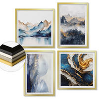 WANDBILDER 4er Set - 50x50 cm & 40x60 cm Goldrahmen - Blaue Berglandschaften - Goldfarben, Kunststoff (50/50cm) - ArtPrintCave
