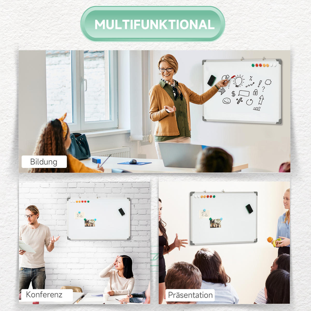 MAGNETISCHES Whiteboard, Magnettafel, Magnetboard, Trocken Abwischbar 90 x 60 cm - Weiß, Kunststoff (60/1.8/90cm) - HOMCOM