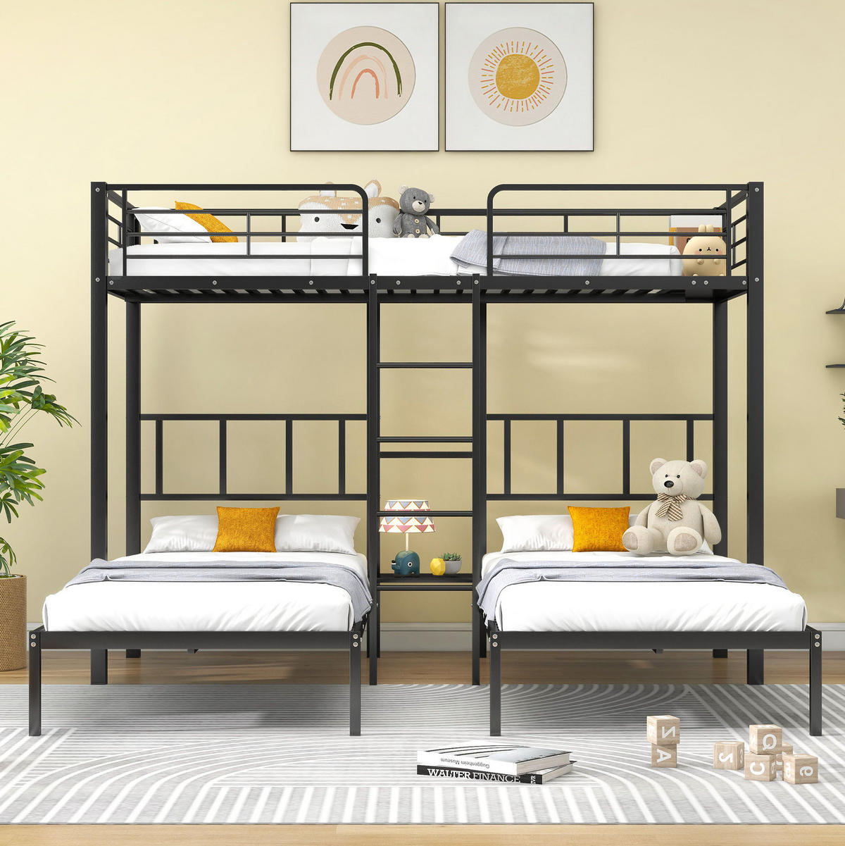 ETAGENBETT 227/205,5/170 cm Schwarz mit Leiter, Tisch und Fallschutzgitter - Schwarz, Metall (90/200cm) - OKMYHOME