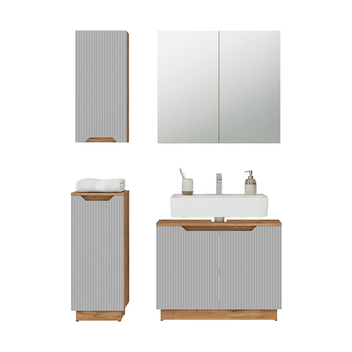 BADMÖBEL-SET Lotta Eiche/grau gestreift 4 Teile - Eichefarben/Grau, Holzwerkstoff (79.6/62.1/32cm) - Vicco