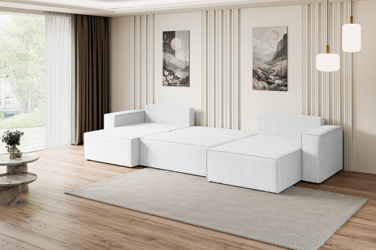 WOHNLANDSCHAFT mit Schlaffunktion und Bettkasten CELTIC-XLU - 377x143x83 cm Weiß Bouclé - Schwarz/Weiß, Holzwerkstoff/Kunststoff (377/83/143cm) - ALTDECOR