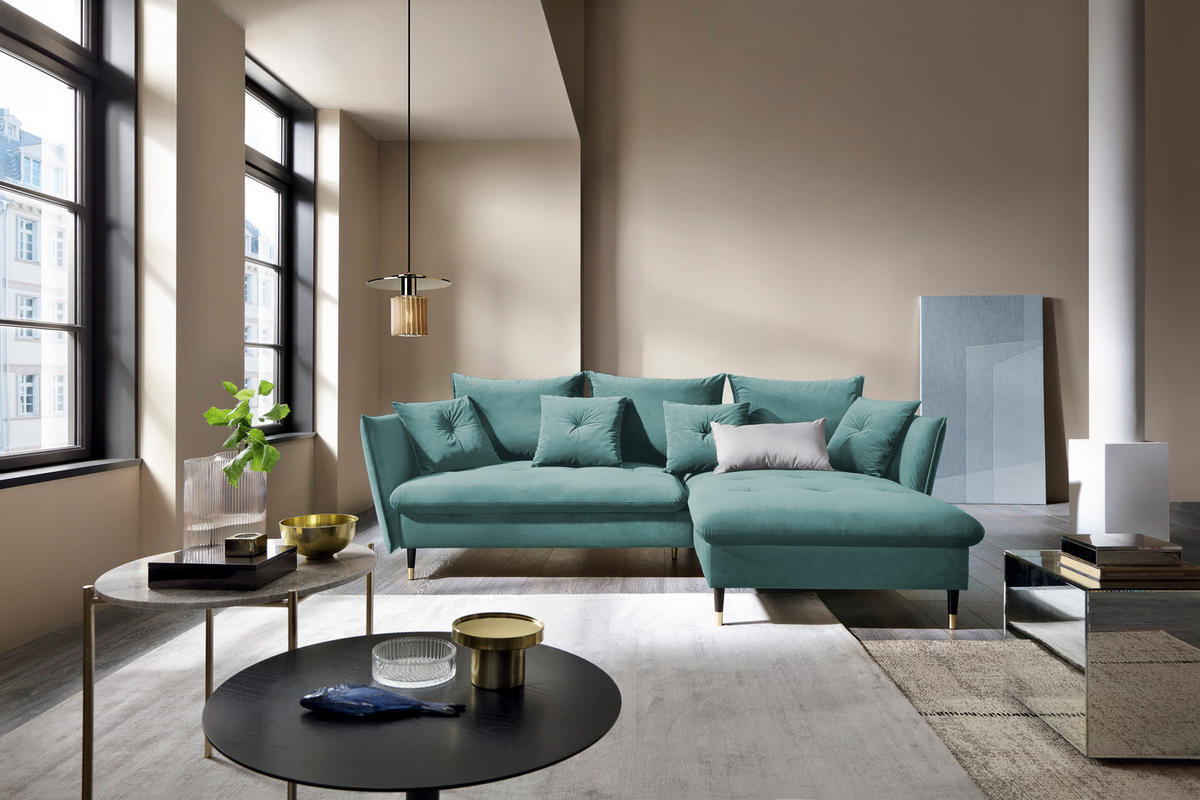 ECKSOFA GLAM mit Schlaffunktion, Ottomane & goldenen Füßen – Samtsofa im Glamour-Stil mit Zierkissen, 258x167x91 cm, rechte, münze​ - Hellgrün, Holz/Textil (258/167cm) - DomoHome