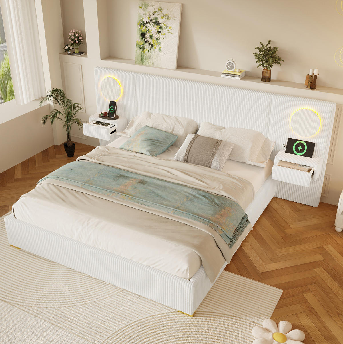 SAMETOVÁ čalouněná postel 180/200 cm s LED čelem, USB porty a nočními stolky se zásuvkami, béžová - béžová, textil (180/200cm) - Redom