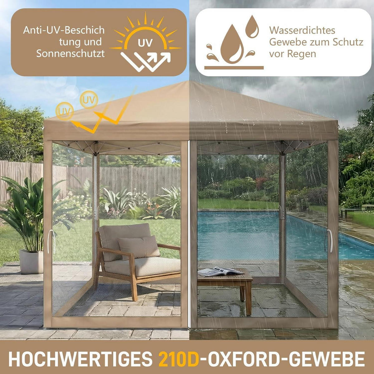 FALTPAVILLON 3x3 m mit Moskitonetzen Khaki - Olivgrün, Textil (300/245/300cm)