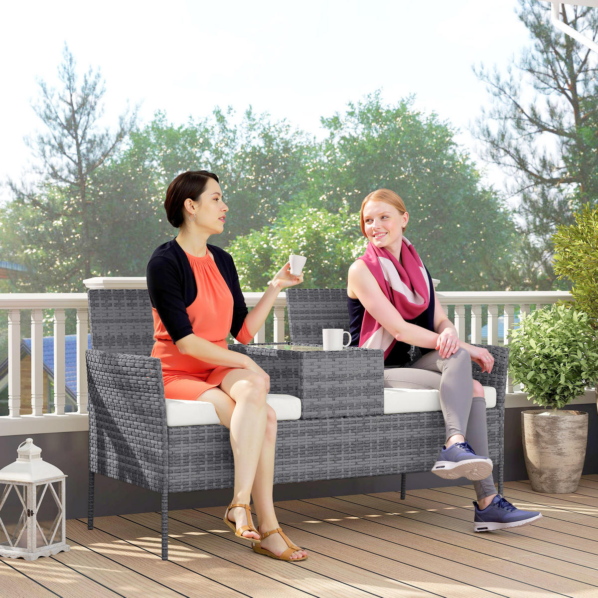 GARTENBANK 2-Sitzer DE-13678 mit integriertem Tisch Schwarz - Grau, Metall (135/81/64cm) - ComfortXL