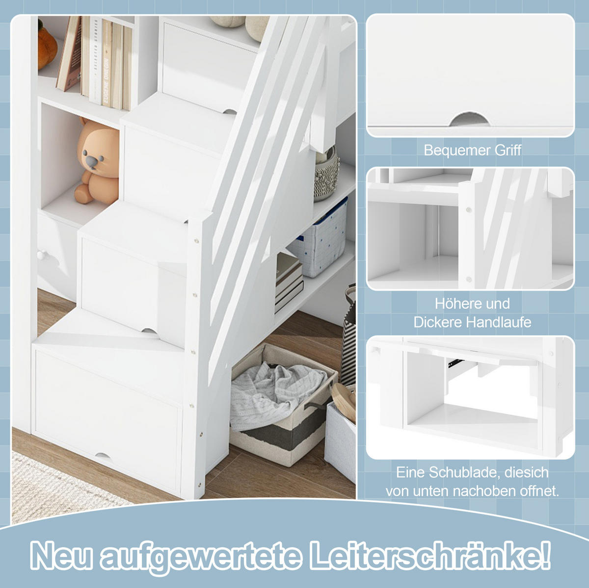 HOCHBETT aus Kiefer 90x200 cm Weiß mit Schreibtisch, Schubladen, Stauraumleiter und offenem Stauschrank - Weiß, Holzwerkstoff (140/200cm) - Modfu
