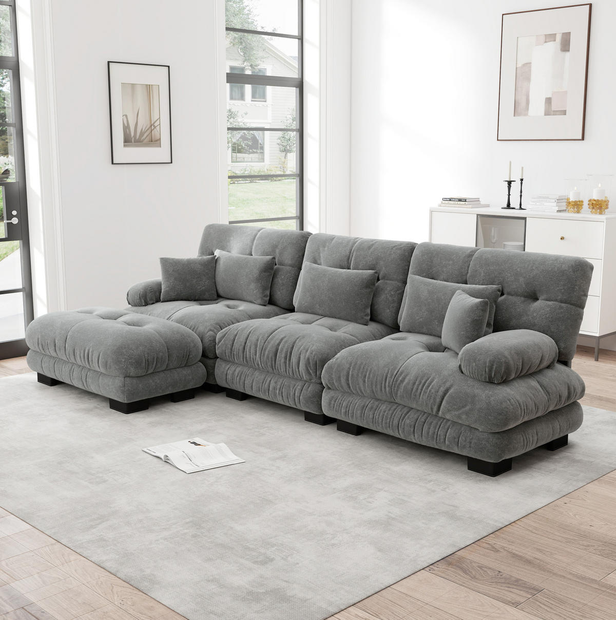 ECKSOFA 313/145/81 cm in Grau aus Chenille mit Ottomanen, modular und besonders bequem - Grau, Textil (145/313cm) - Flora Grace