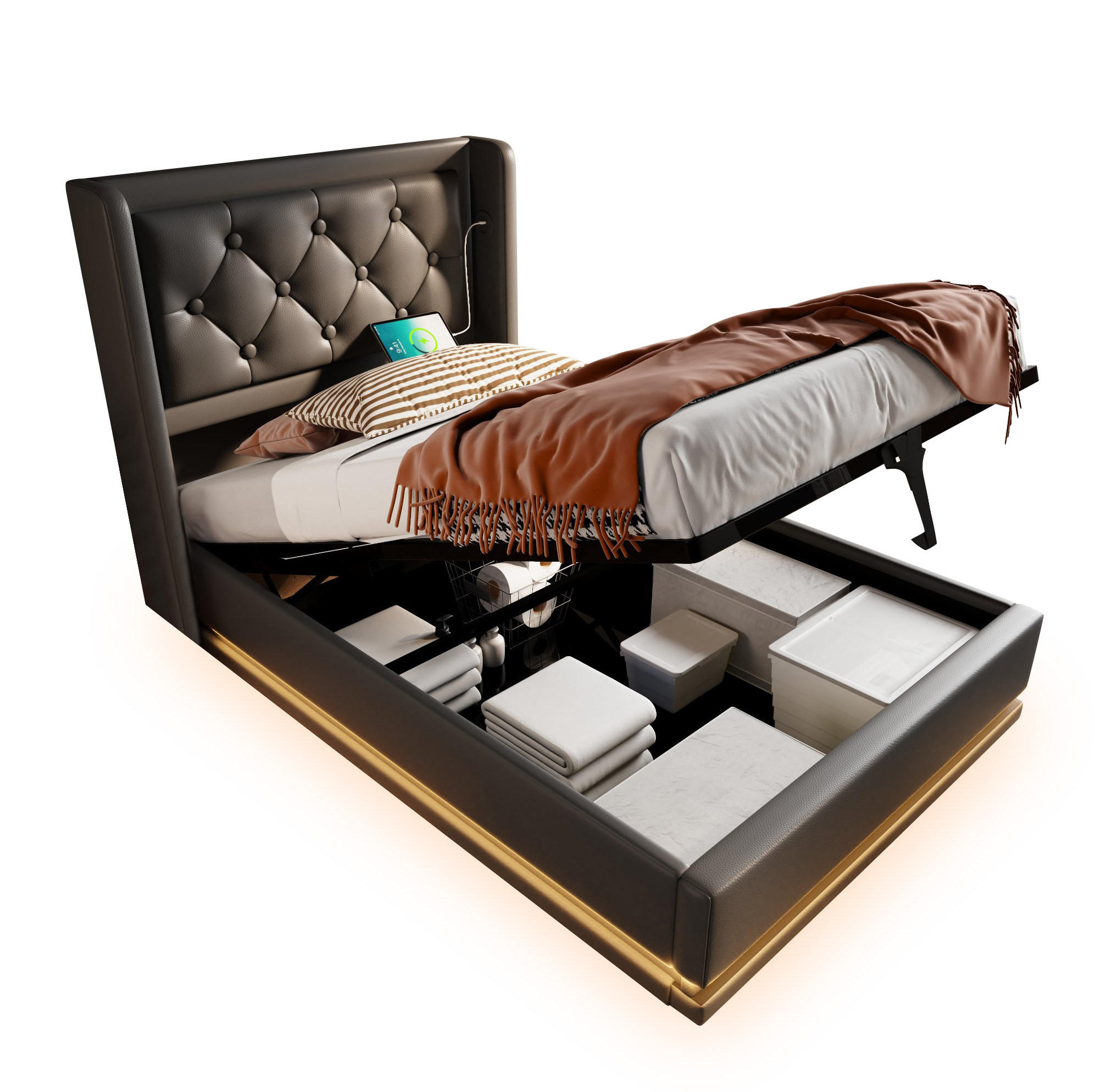 POLSTERBETT 90/200 cm Schwarz mit Bettkasten, LED-Beleuchtung und USB-/Type-C - Schwarz, Kunststoff (90/200cm) - Flora Grace