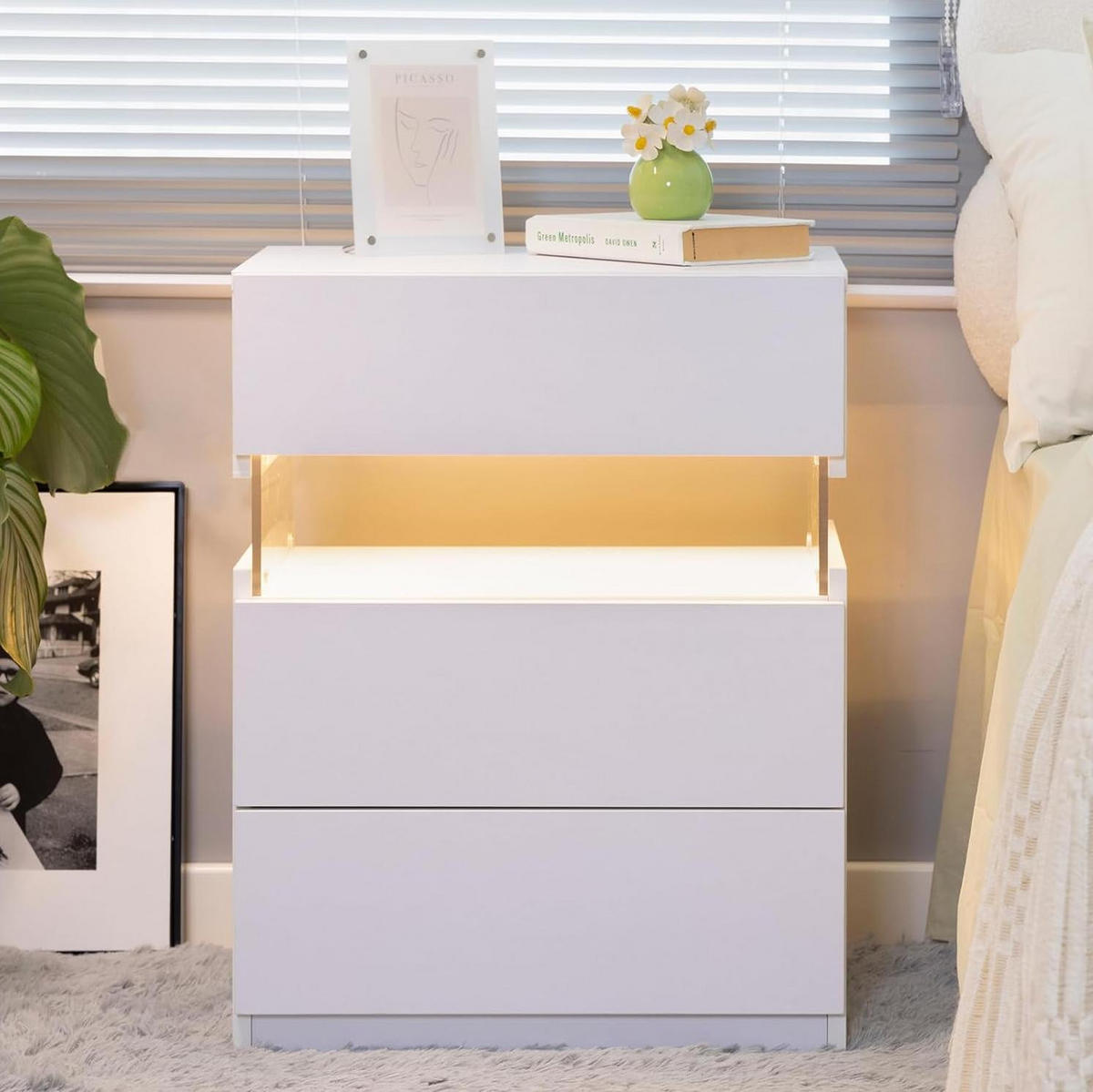 NACHTTISCH 48/38/61 cm mit LED-Beleuchtung in Weiß – 3 Schubladen & moderne Optik - Weiß, Holzwerkstoff (38/61/48cm) - BEAOK