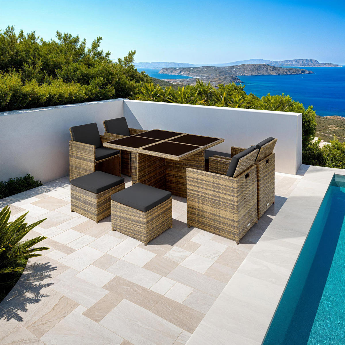 RATTAN SITZGRUPPE Manhattan,2 Bezugssets, zusammenschiebbar, inklusive Schutzhülle,natur - Naturfarben, Kunststoff - tectake