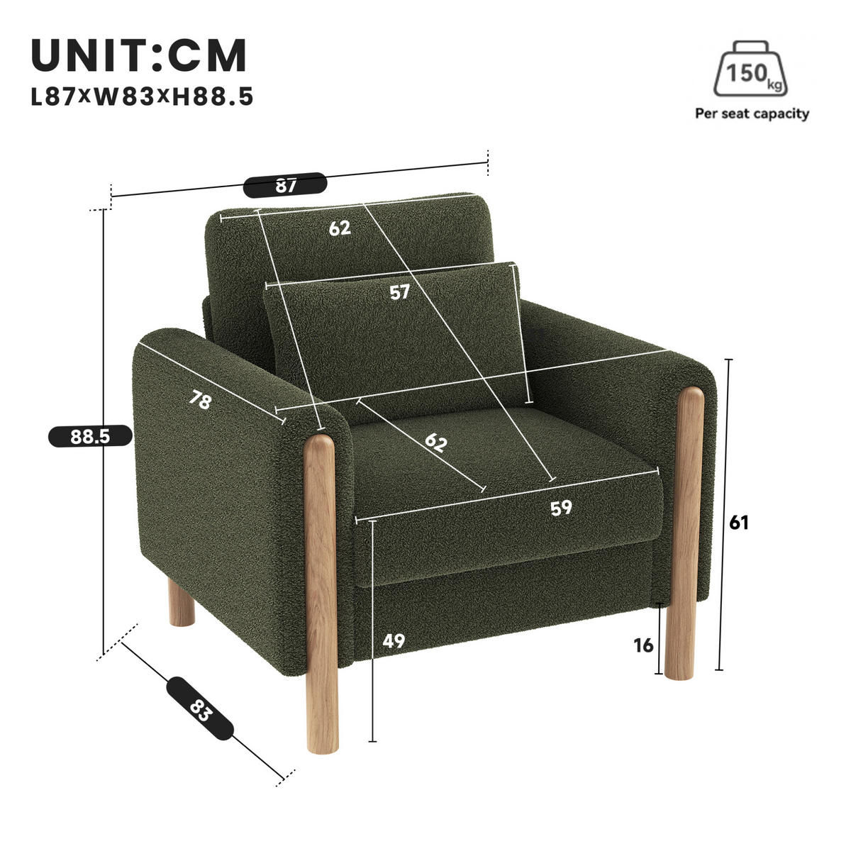SESSEL 87/88.5/83 cm Grün aus Teddy mit abnehmbarem Sitzkissen - Grün, Textil (83/88.5/87cm) - OKMYHOME