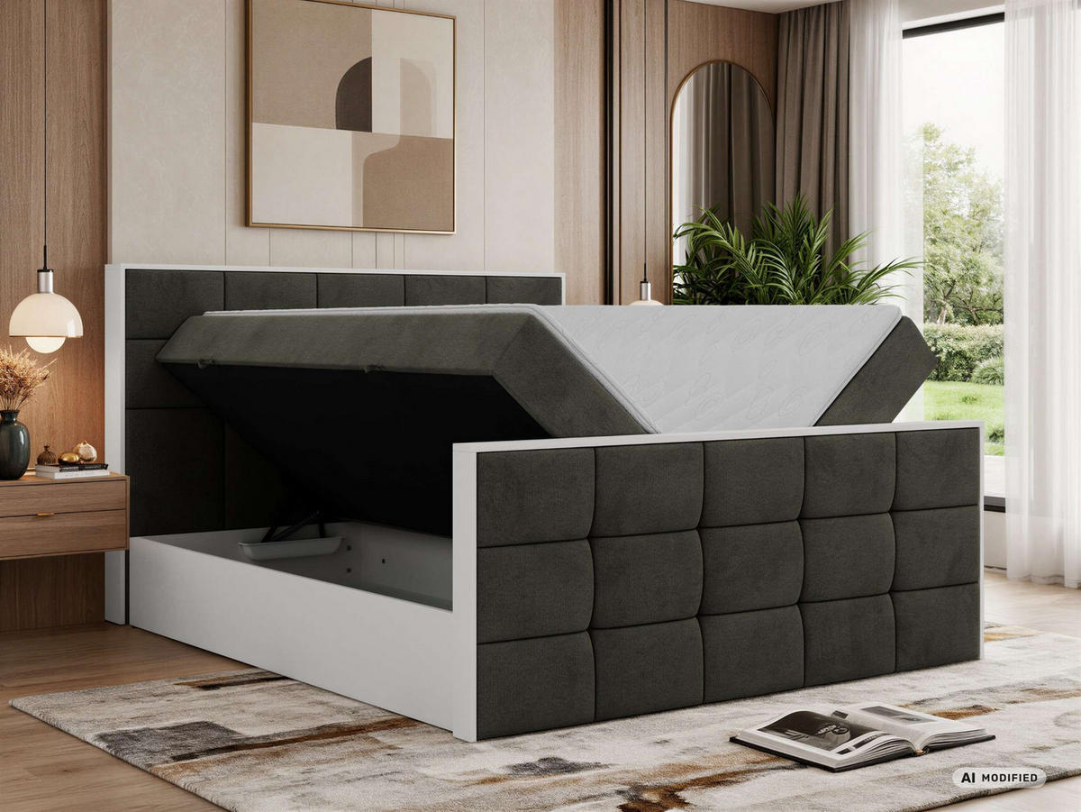 BOXBETT ALVIT DUO 160/200 - Dunkelgrau Velvet - Topper Visco - H4 - Dunkelgrau/Anthrazit, Kunststoff/Textil (160/200cm) - MKS