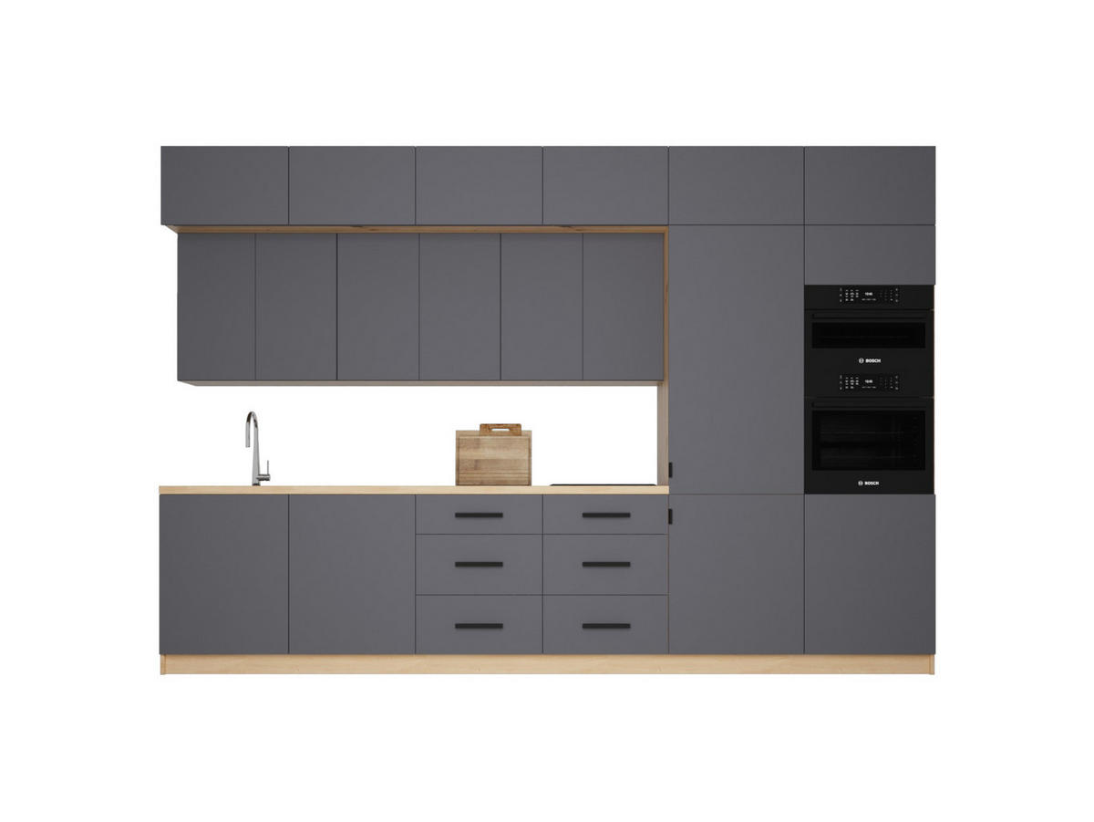 KÜCHENZEILE 360 cm - Langen K72-M360 - Schwarz/Grau, Holz/Metall (360/248/58cm)