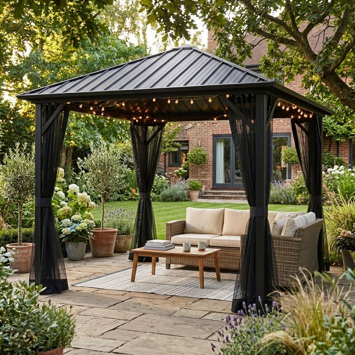 PAVILLON Paisley - 3x3 Meter, Aluminiumgestell 98x98x10mm, pulverbeschichtet. Dach aus Stahlplatten, galvanisier - Grau, Kunststoff (300/275/300cm) - TPFGarden