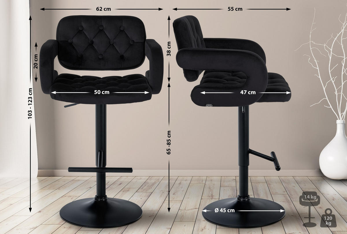BARHOCKER Samt schwarz - Schwarz, Textil (62/103/55cm) - CLP