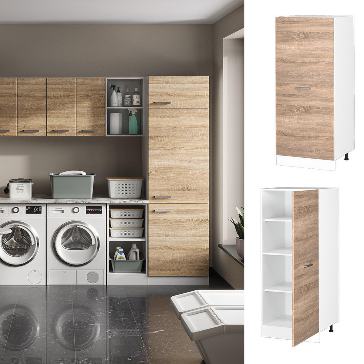 HOCHSCHRANK R-Line Sonoma 60 cm mit großer Tür - Weiß/Sonoma Eiche, Holzwerkstoff (60/143/57.2cm) - Vicco