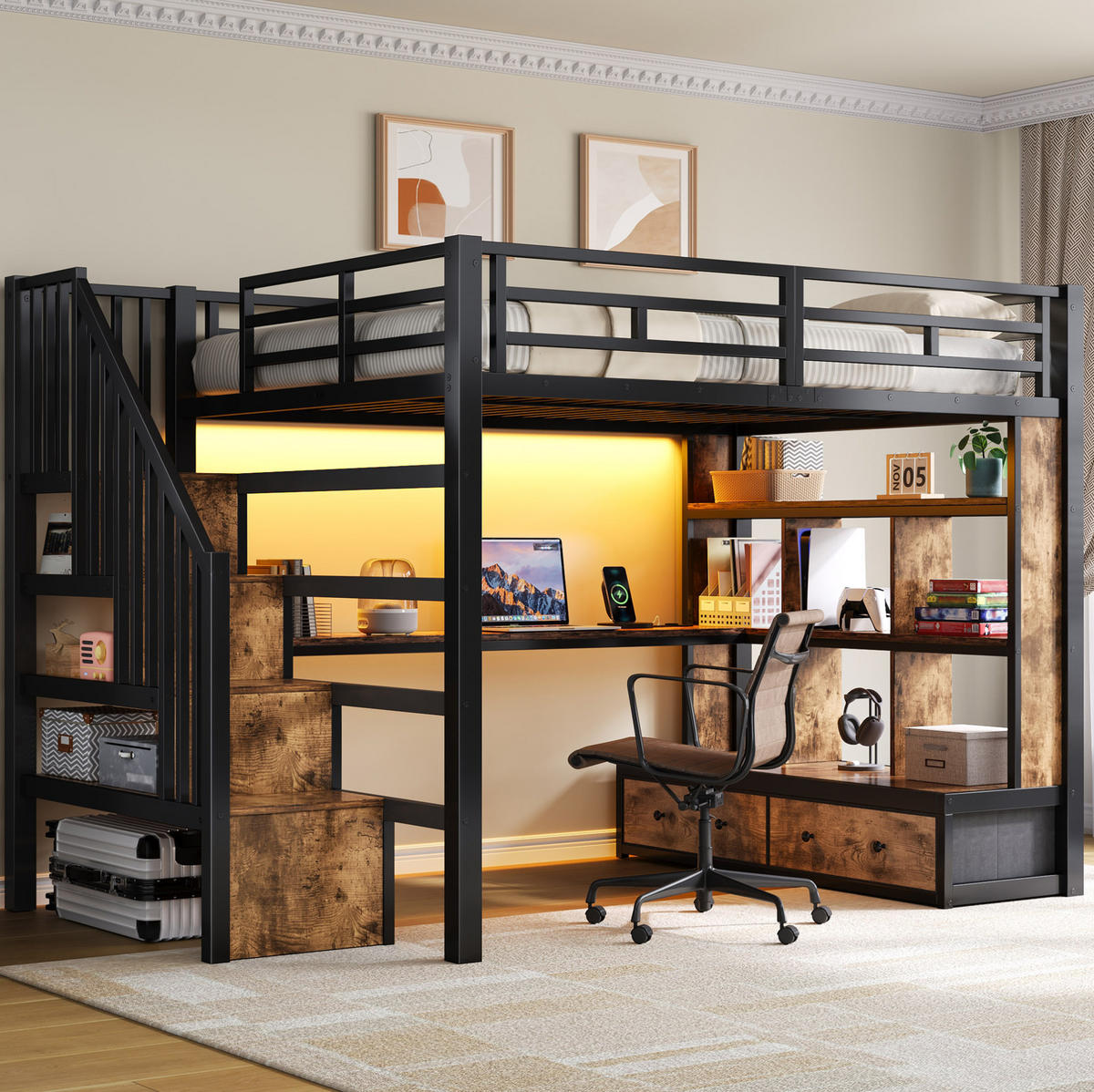 HOCHBETT 140/200 cm mit Schreibtisch, Regalen, 2 Schubladen, Stauraumtreppe und LED-Beleuchtung, Schwarz - Schwarz, Holzwerkstoff (140/200cm) - Redom