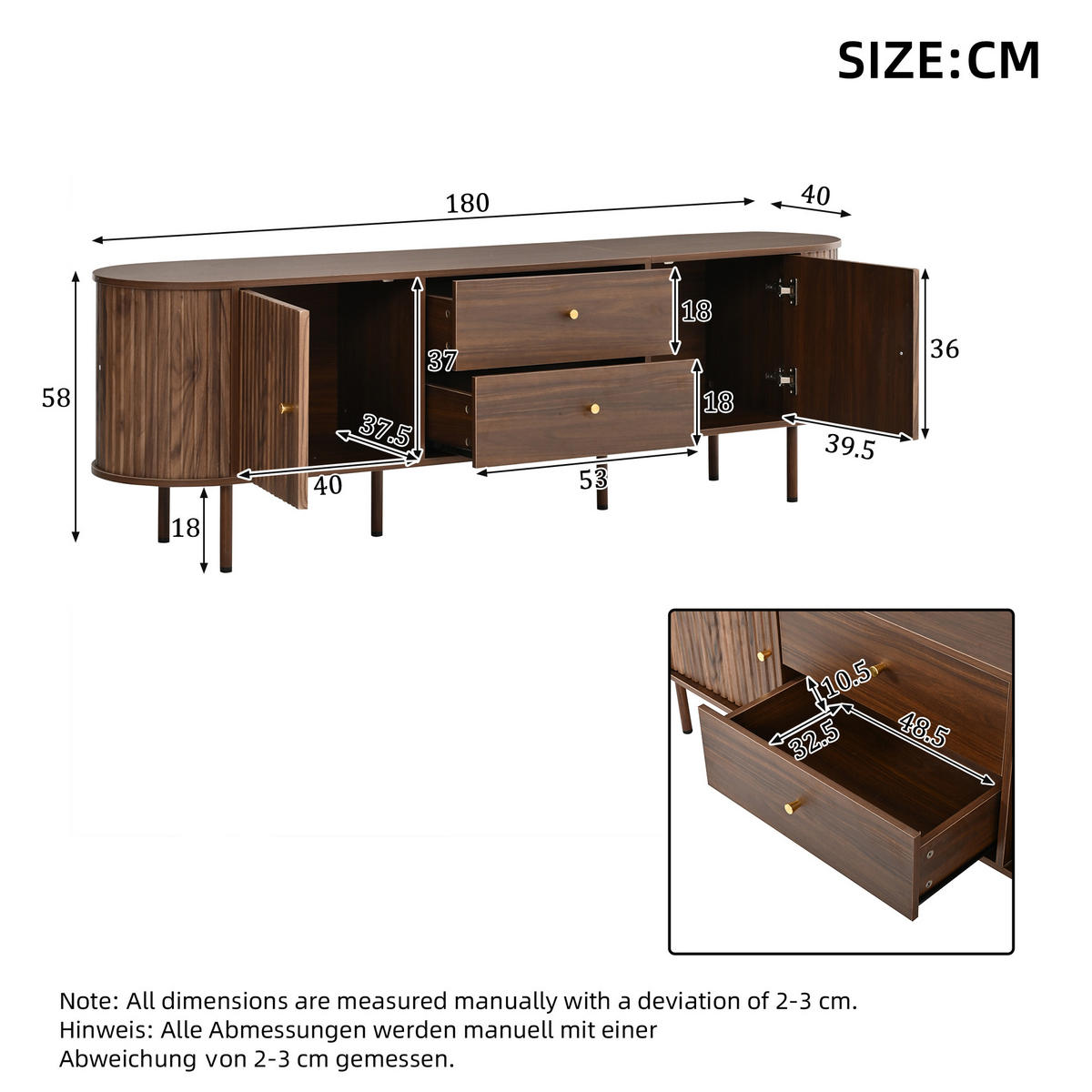 TV-ELEMENTLOWBOARD 180x40x58cm Holzoptik-Nussbaum mit Schiebetüren und Schubladen - Walnussfarben, Holz (46.51/18.01/75.79cm) - Raelunyi