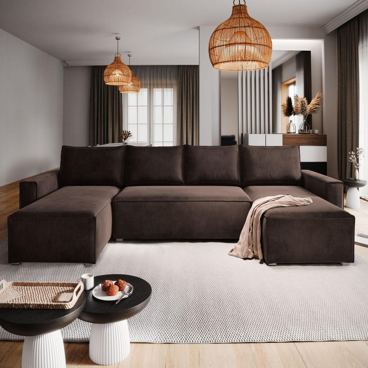 WOHNLANDSCHAFT DENI Braun Velours-Stoff mit Schlaffunktion - Braun, Holz (295/85/140cm) - MASSENO