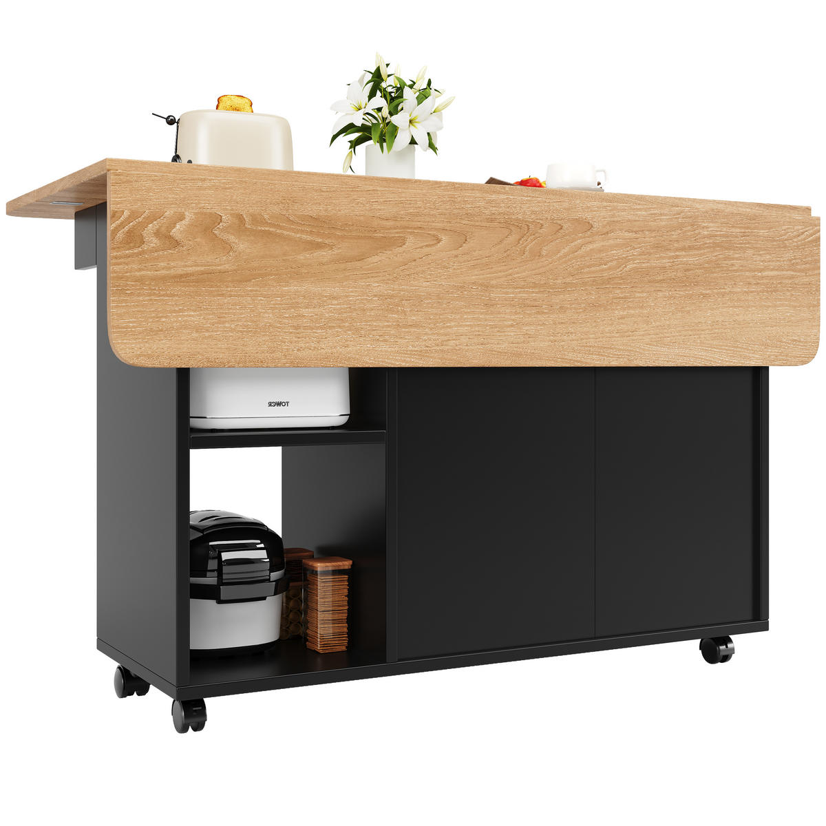 KÜCHENINSEL 120/30/79,5 cm schwarz natur mit klappbarer Tischplatte - Schwarz, Holzwerkstoff (120/79.5/70cm) - OKWISH