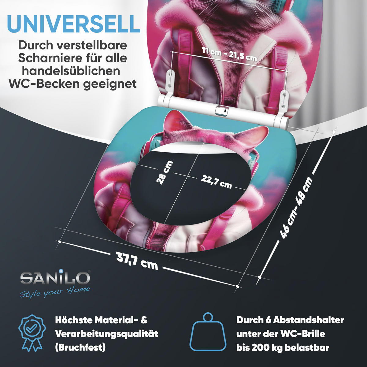 WC-SITZ mit Absenkautomatik & Top Fix Neon Cat - Pink, Holzwerkstoff (37.7/5/48cm) - Sanilo