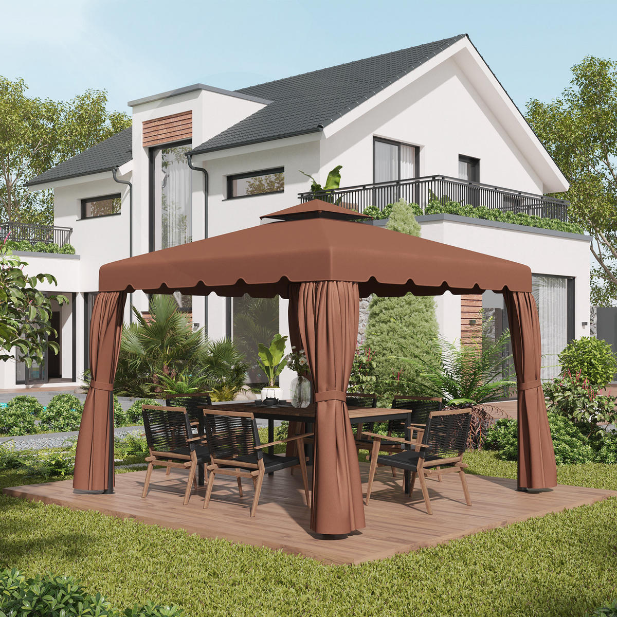 ERSATZDACH, 3x3 m für Pavillon, Doppeldach mit 8 Abflusslöchern, kaffeefarben - Multicolor, Kunststoff (300/300cm) - FORIOUS