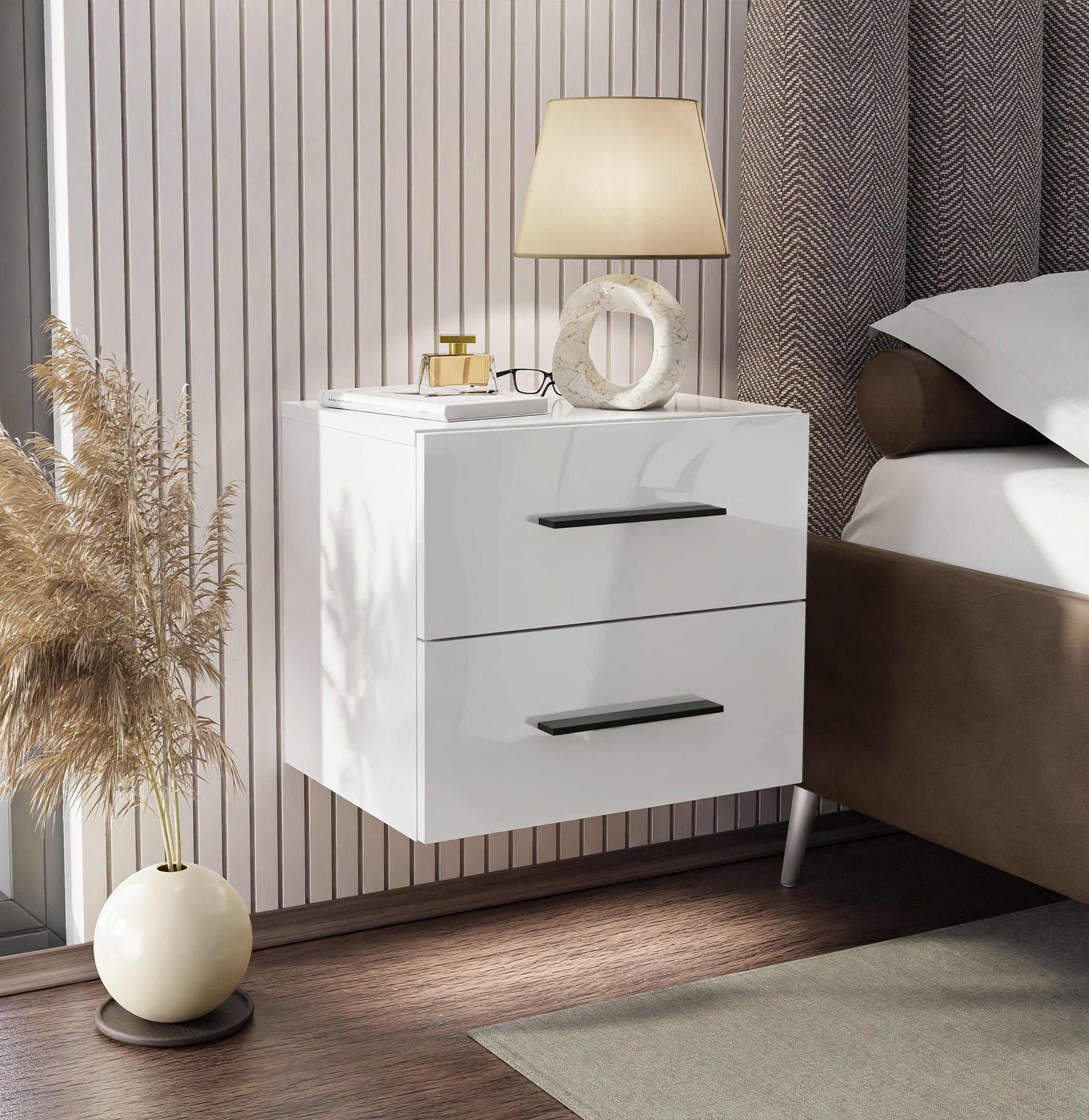 NACHTTISCH LINA LUX hängend mit Griffen und Hochglanzplatte – Griffe: Schwarz - Weiß, Holzwerkstoff (45/41.8/38.5cm) - Lookway
