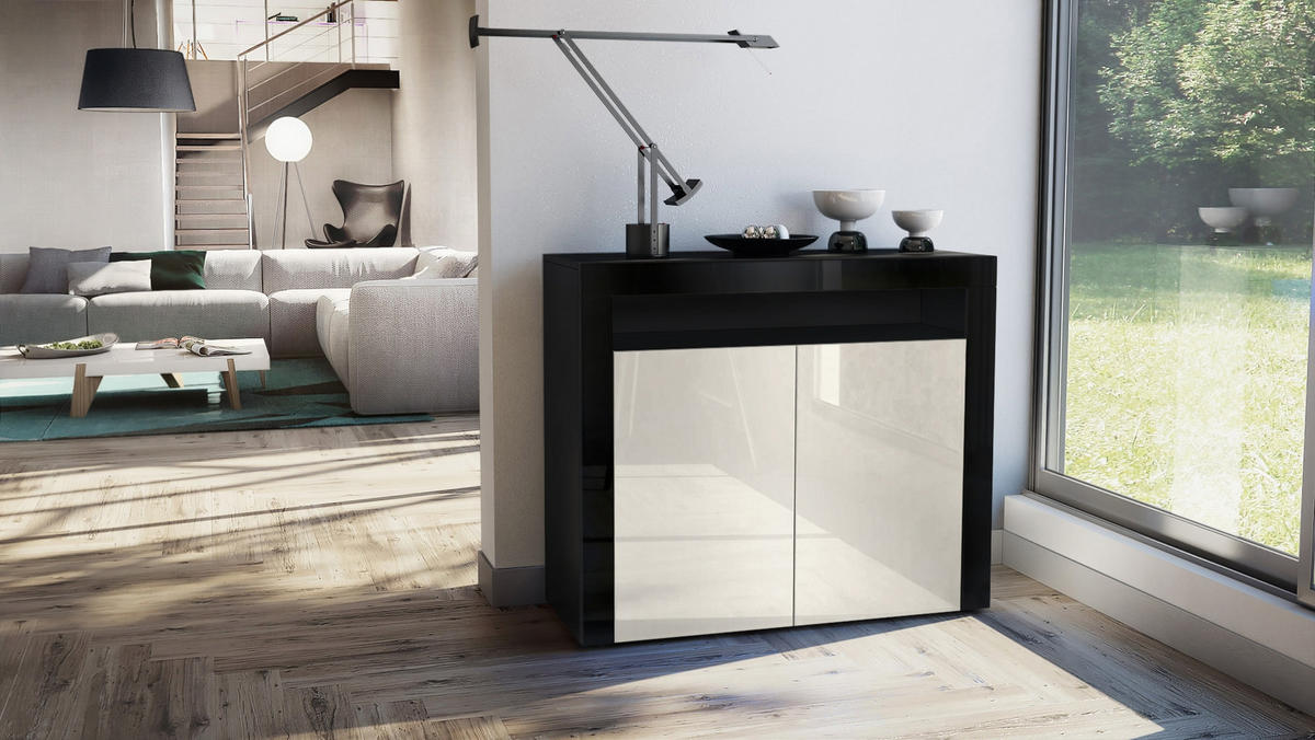 KOMMODE Valencia Creme Hochglanz / Schwarz Hochglanz - Creme, Holzwerkstoff (108/92/40cm) - Vladon