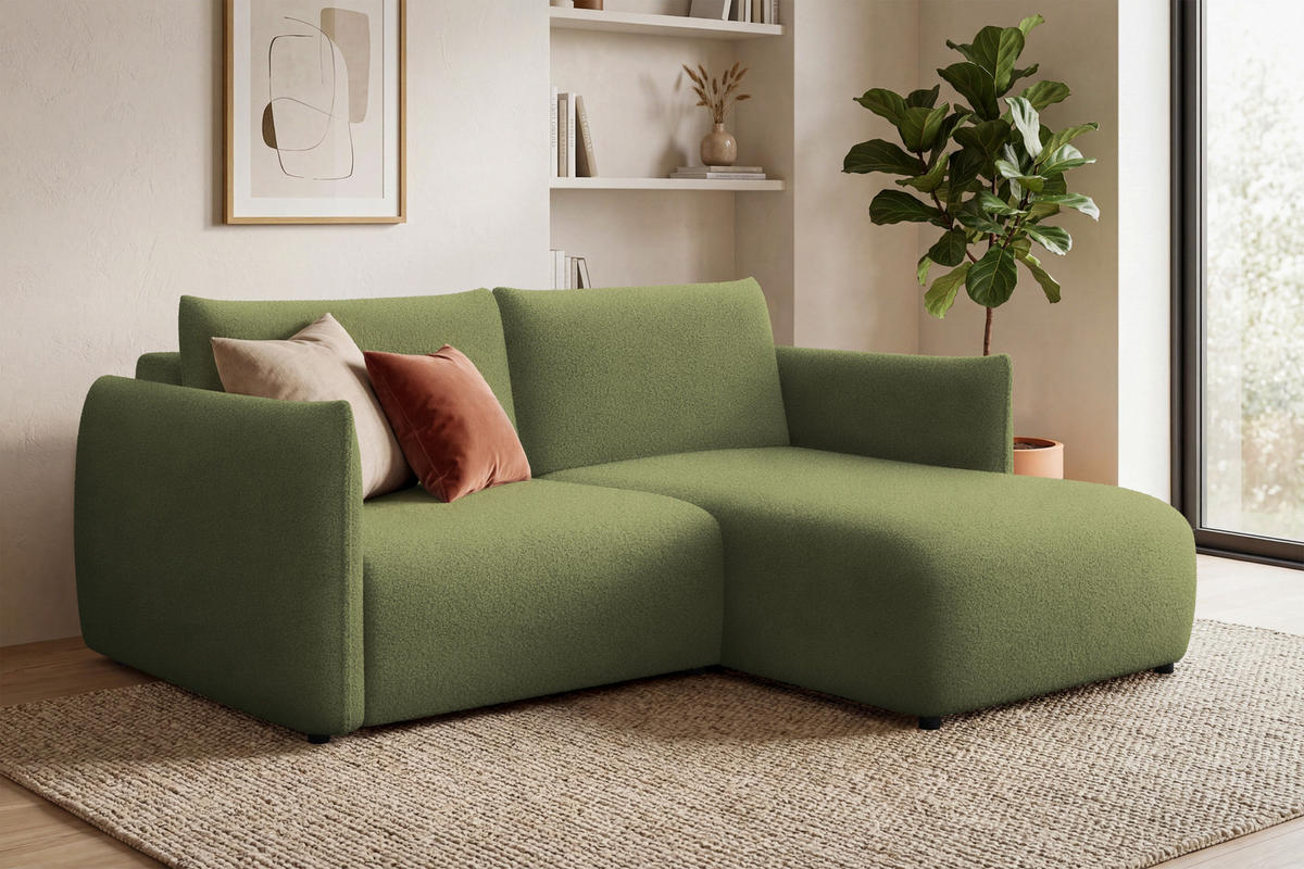 ECKSOFA TAUER 3-Sitzer RECHTS, Bouclé-Stoff grün - Schwarz/Grün, Holz/Textil (206/173cm) - Courtois Laville