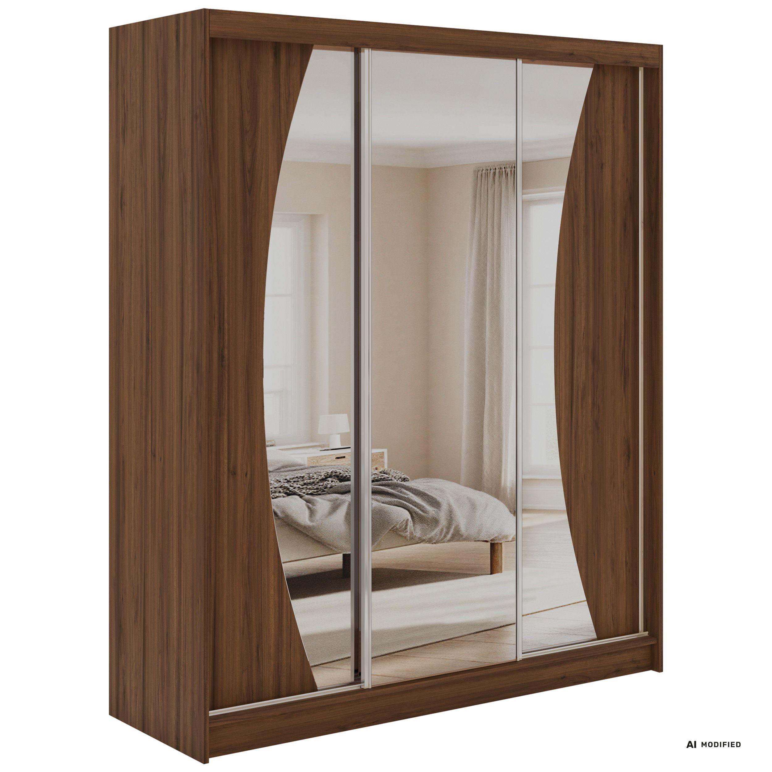 SCHWEBETÜRENSCHRANK mit Schubladen 180 - VERONA - Warmia Walnuss mit Spiegel - Walnussfarben/Alufarben, Holzwerkstoff/Metall (180/216/61cm) - MKS